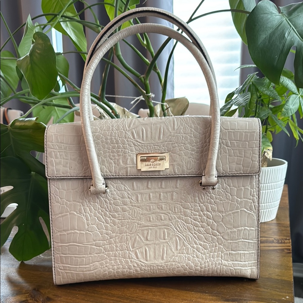 KATE SPADE Ivory Croc Embedded Genuine Leather Flap Satchel